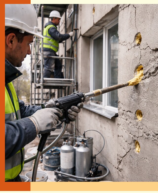 Заполнение пустот в фасаде и утепление стен в Алексине