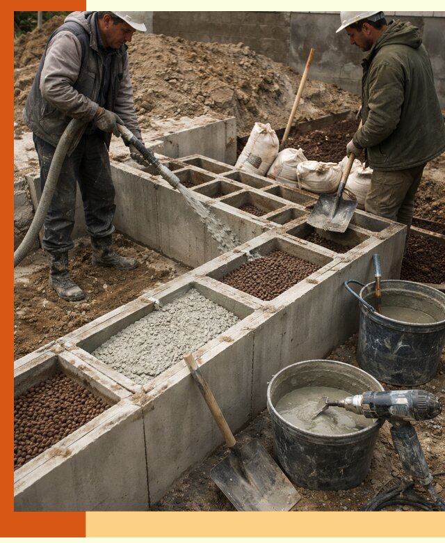 Заполнение полостей фундамента в Алексине герметичным утеплением и повышением прочности